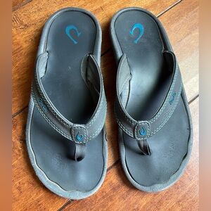 OluKai gray Flip Flops with Teal Logo Accents women’s size 7